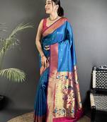 rama blue lichi silk blend peacock motifs zari weaving paithani saree