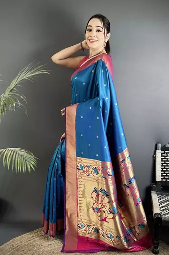 rama blue lichi silk blend peacock motifs zari weaving paithani saree