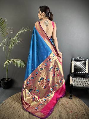 rama blue lichi silk blend peacock motifs zari weaving paithani saree 3