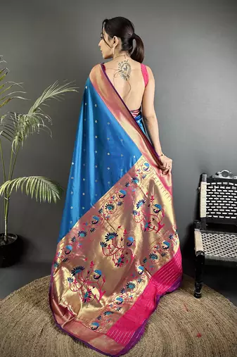 rama blue lichi silk blend peacock motifs zari weaving paithani saree