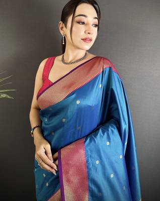 rama blue lichi silk blend peacock motifs zari weaving paithani saree 4