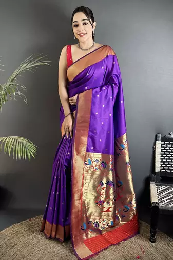 purple lichi silk blend peacock motifs zari weaving paithani saree