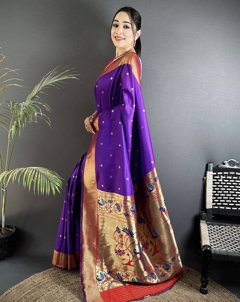 purple lichi silk blend peacock motifs zari weaving paithani saree