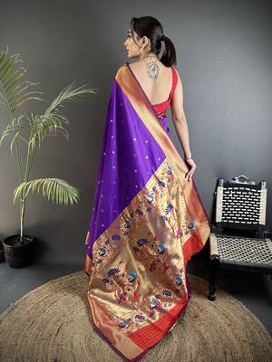 purple lichi silk blend peacock motifs zari weaving paithani saree 3