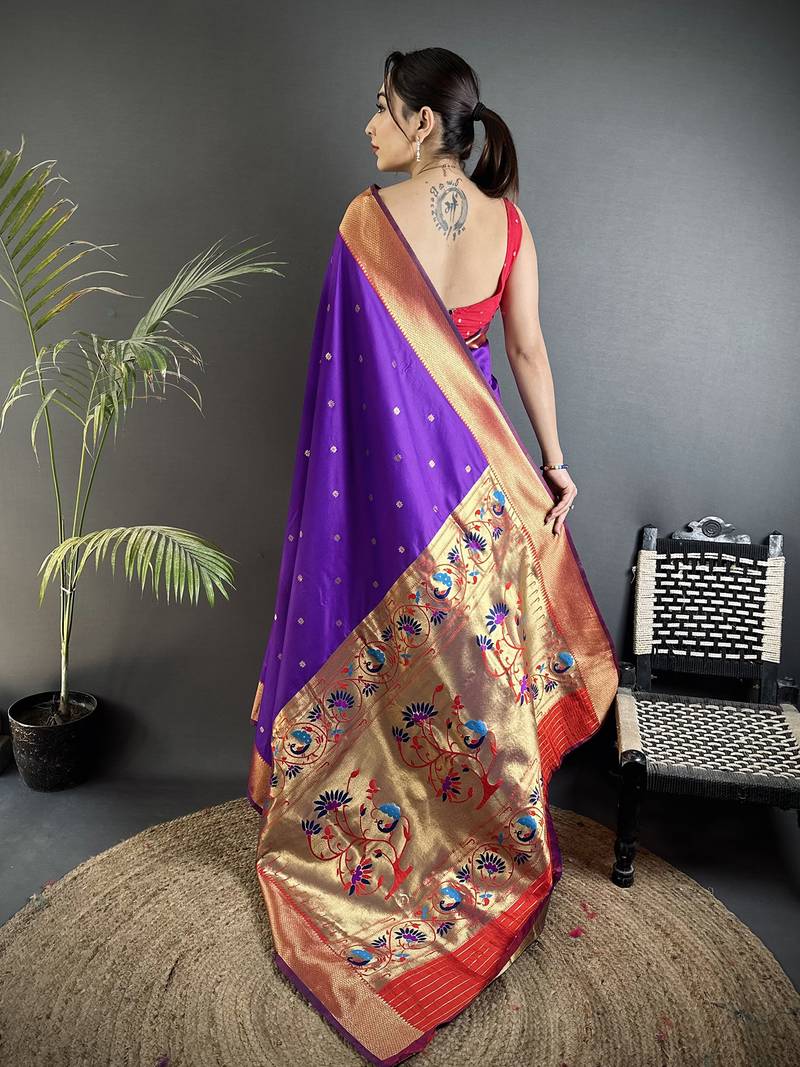 purple lichi silk blend peacock motifs zari weaving paithani saree