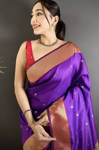 purple lichi silk blend peacock motifs zari weaving paithani saree