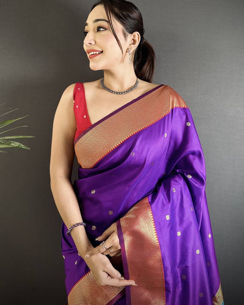 purple lichi silk blend peacock motifs zari weaving paithani saree