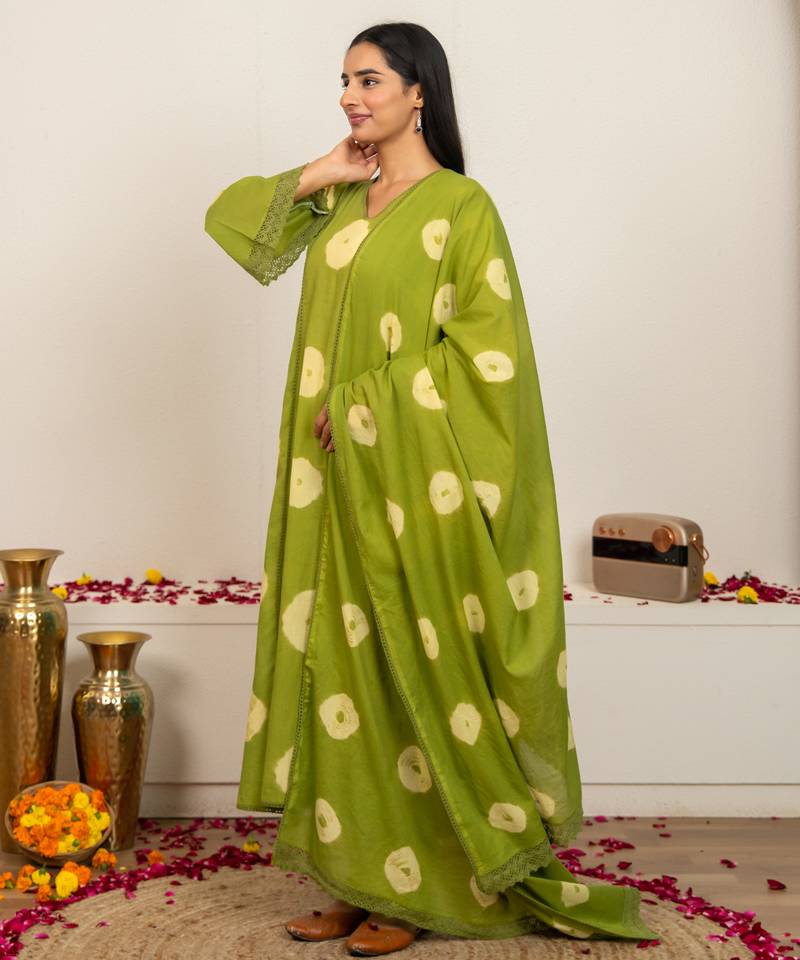 Green tie & dye cotton suit set of 3