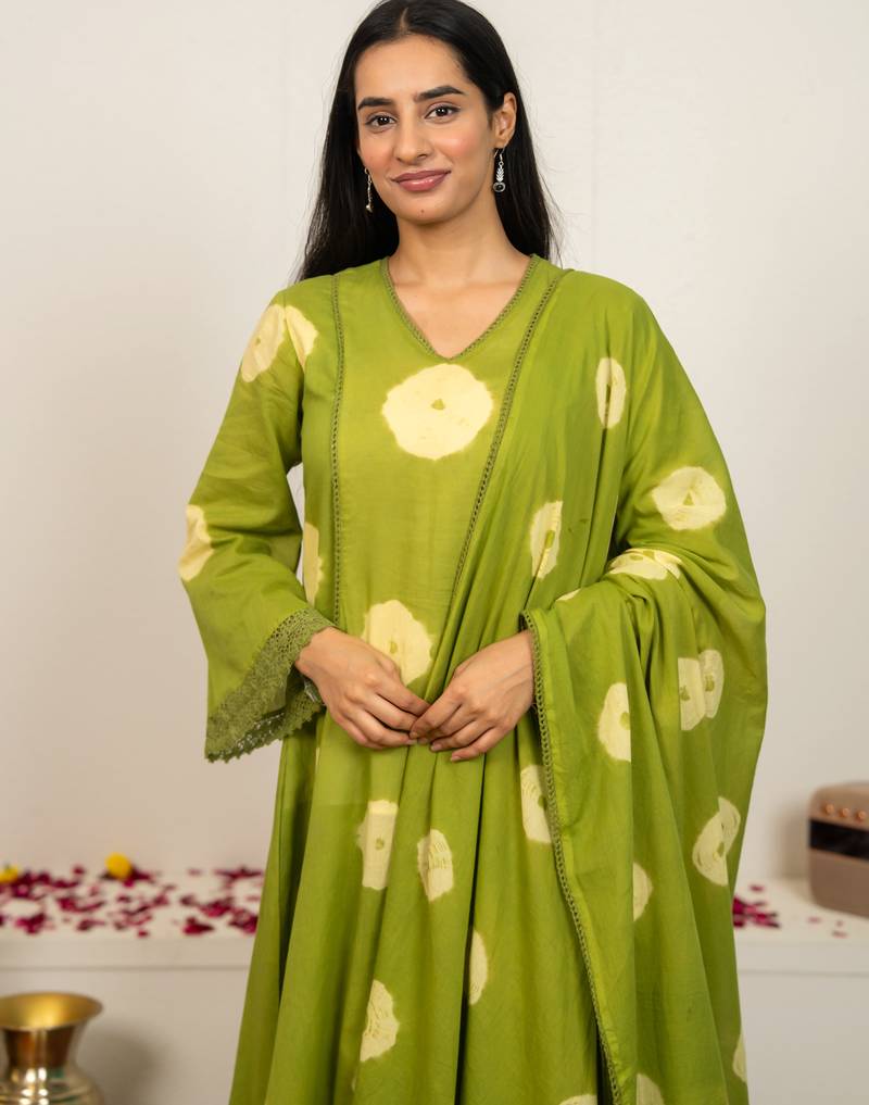 Green tie & dye cotton suit set of 3