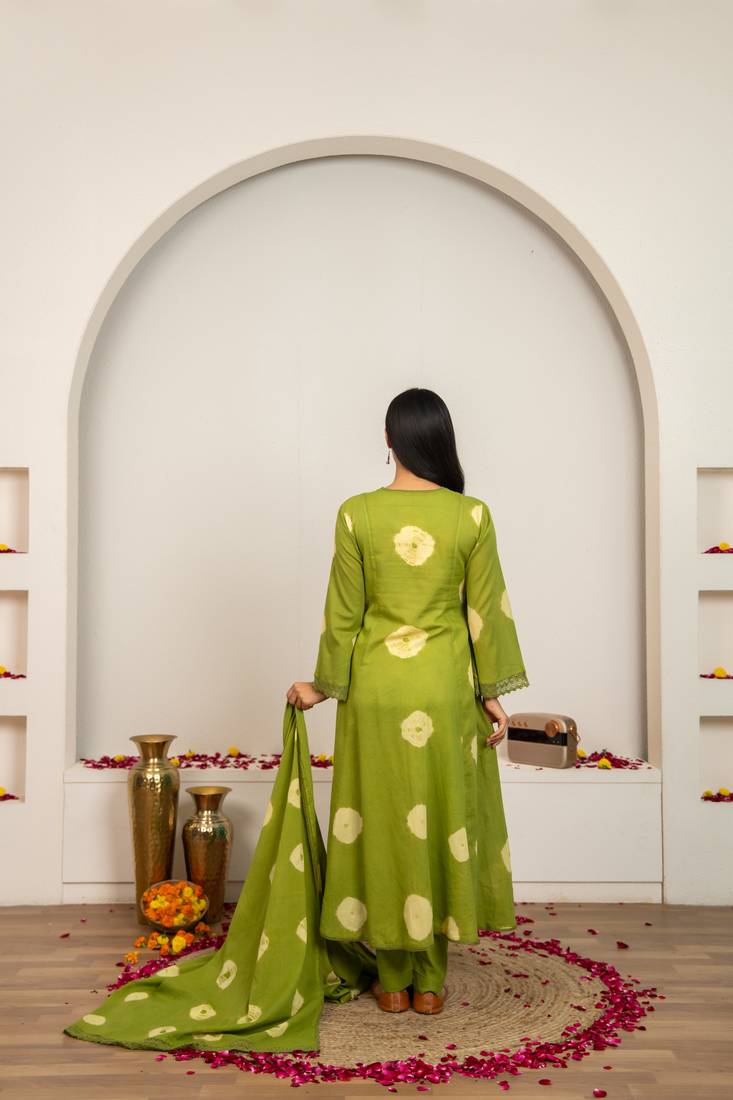 Green tie & dye cotton suit set of 3