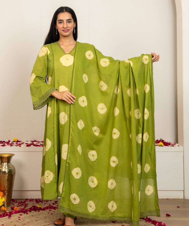 Green tie & dye cotton suit set of 3