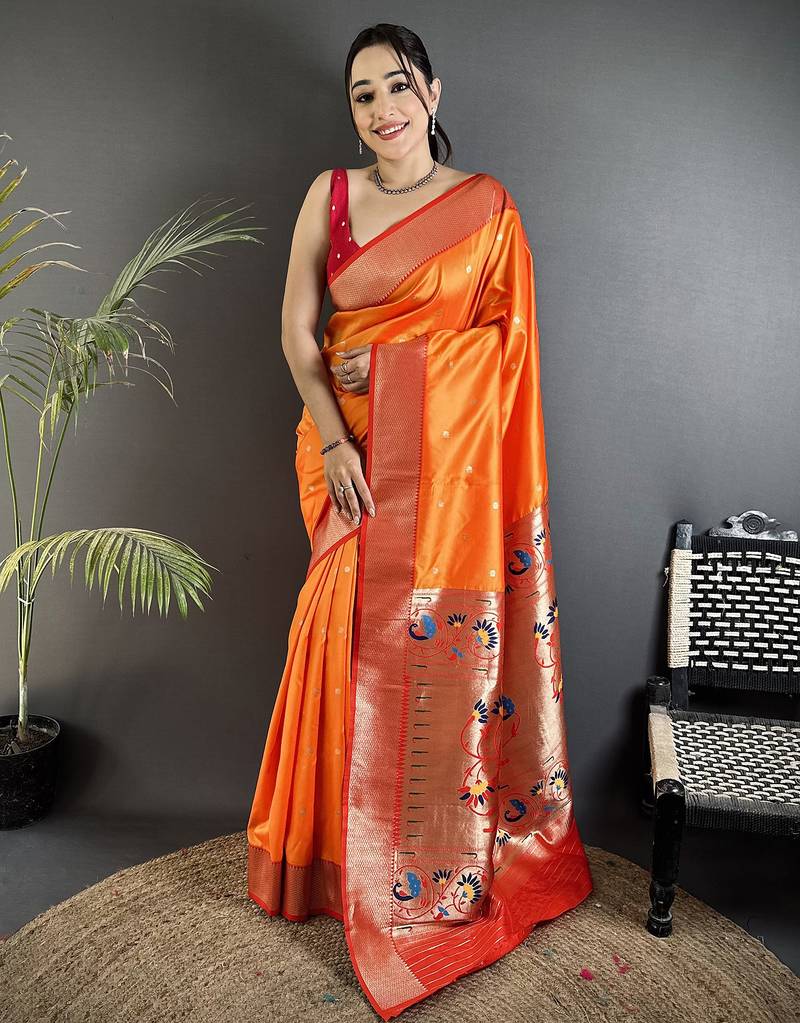 orange lichi silk blend peacock motifs zari weaving paithani saree