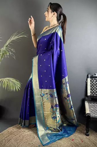 royal blue lichi silk blend peacock motifs zari weaving paithani saree