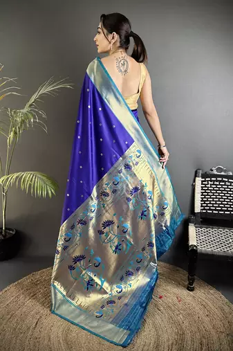royal blue lichi silk blend peacock motifs zari weaving paithani saree