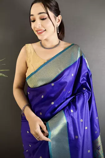 royal blue lichi silk blend peacock motifs zari weaving paithani saree
