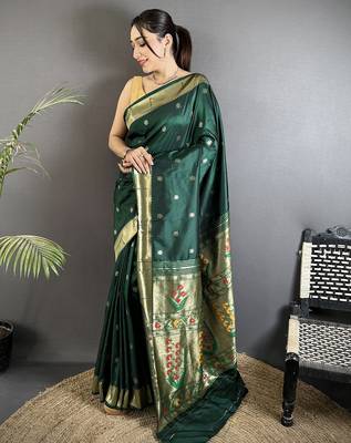 green lichi silk blend floral ikkat motifs zari weaving paithani saree 1
