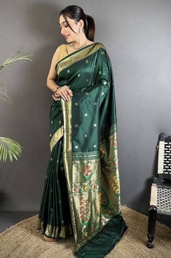 green lichi silk blend floral ikkat motifs zari weaving paithani saree