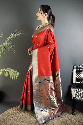 red lichi silk blend peacock motifs zari weaving paithani saree
