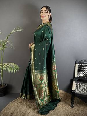 green lichi silk blend floral ikkat motifs zari weaving paithani saree 2
