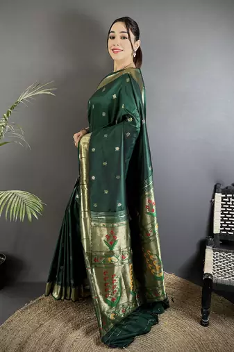 green lichi silk blend floral ikkat motifs zari weaving paithani saree