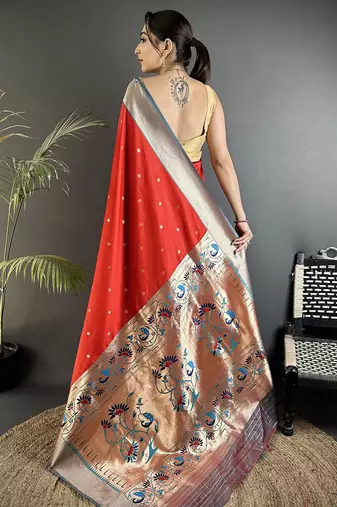 red lichi silk blend peacock motifs zari weaving paithani saree