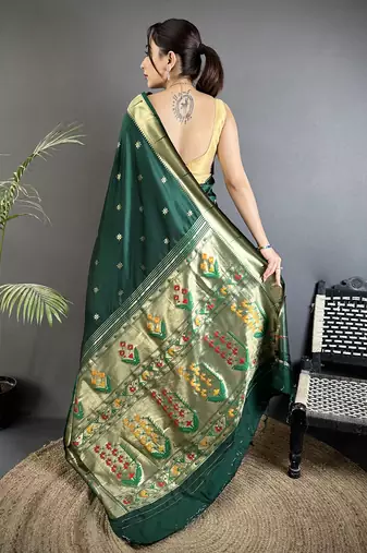 green lichi silk blend floral ikkat motifs zari weaving paithani saree