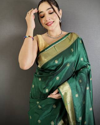 green lichi silk blend floral ikkat motifs zari weaving paithani saree 4