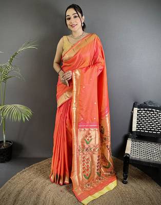 orange lichi silk blend floral ikkat motifs zari weaving paithani saree 1