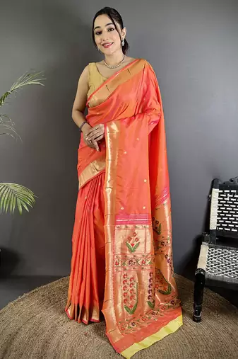 orange lichi silk blend floral ikkat motifs zari weaving paithani saree