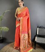 orange lichi silk blend floral ikkat motifs zari weaving paithani saree