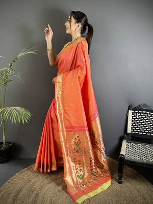 orange lichi silk blend floral ikkat motifs zari weaving paithani saree 2