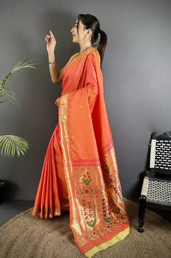 orange lichi silk blend floral ikkat motifs zari weaving paithani saree