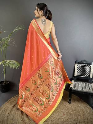 orange lichi silk blend floral ikkat motifs zari weaving paithani saree 3