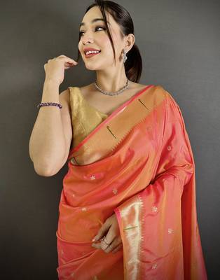 orange lichi silk blend floral ikkat motifs zari weaving paithani saree 4