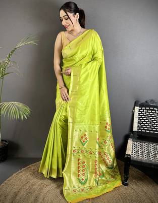lime green lichi silk blend floral ikkat motifs zari weaving paithani saree 1
