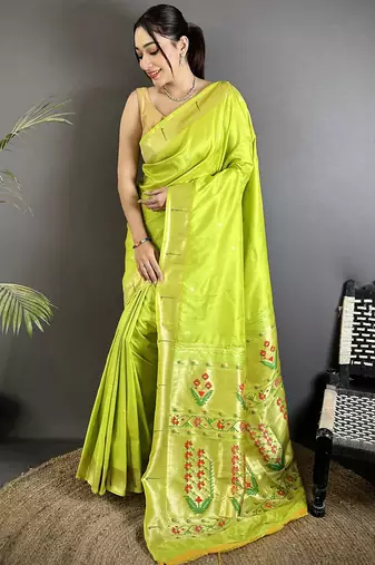 lime green lichi silk blend floral ikkat motifs zari weaving paithani saree