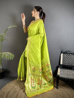 lime green lichi silk blend floral ikkat motifs zari weaving paithani saree 2