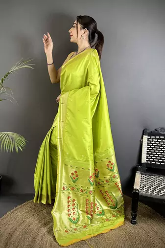 lime green lichi silk blend floral ikkat motifs zari weaving paithani saree
