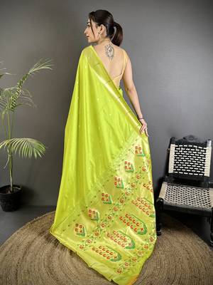 lime green lichi silk blend floral ikkat motifs zari weaving paithani saree 3