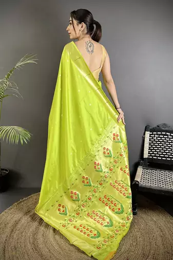 lime green lichi silk blend floral ikkat motifs zari weaving paithani saree