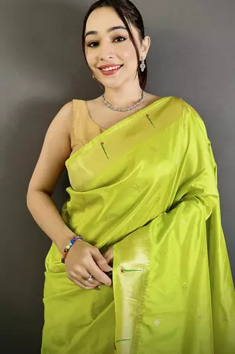 lime green lichi silk blend floral ikkat motifs zari weaving paithani saree