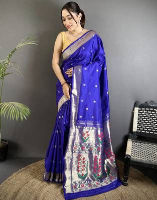 royal blue lichi silk blend floral ikkat motifs zari weaving paithani saree 1
