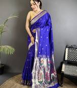 royal blue lichi silk blend floral ikkat motifs zari weaving paithani saree