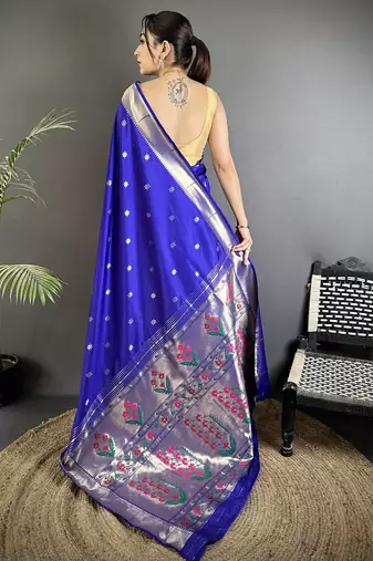royal blue lichi silk blend floral ikkat motifs zari weaving paithani saree