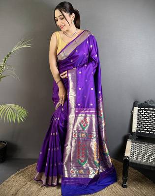 purple lichi silk blend floral ikkat motifs zari weaving paithani saree 1