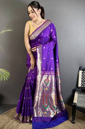 purple lichi silk blend floral ikkat motifs zari weaving paithani saree
