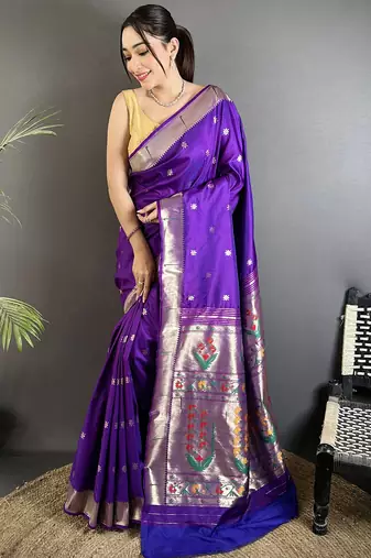 purple lichi silk blend floral ikkat motifs zari weaving paithani saree