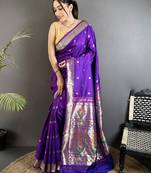 purple lichi silk blend floral ikkat motifs zari weaving paithani saree
