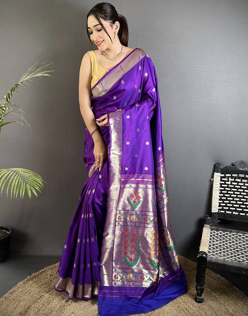 purple lichi silk blend floral ikkat motifs zari weaving paithani saree