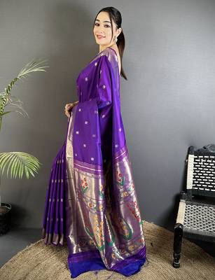 purple lichi silk blend floral ikkat motifs zari weaving paithani saree 2